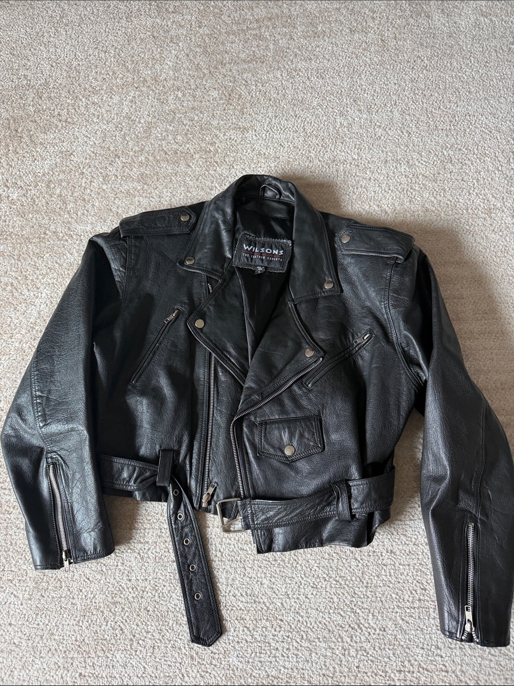 Wilson Black Leather Biker Jacket with Red Accent Label